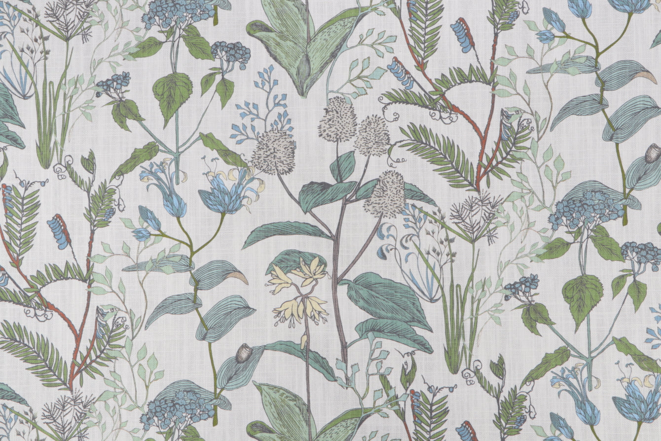 Lacefield Botanical Sketch Small Scale Printed Fabric in Seaglass