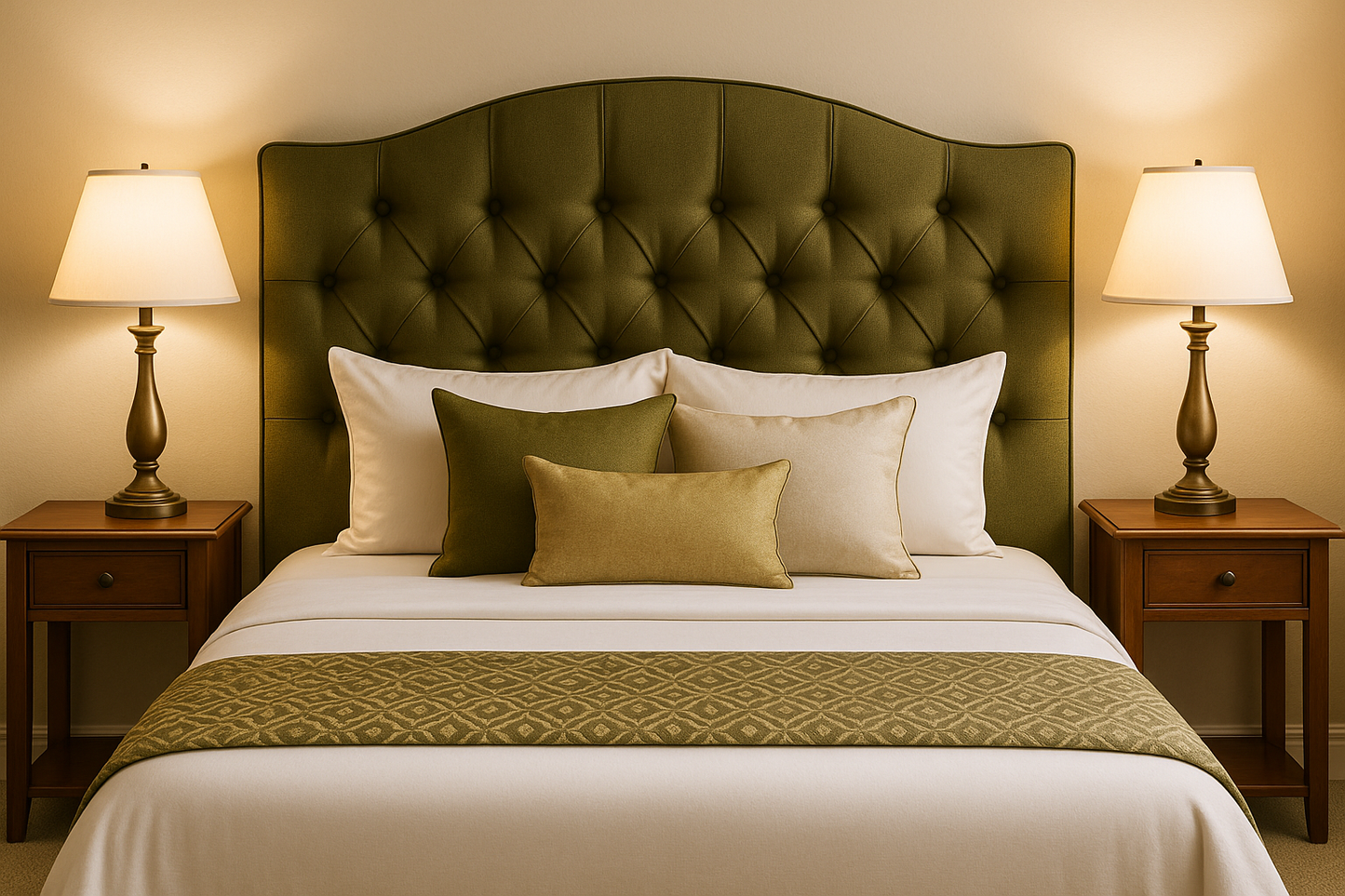 decorate this bedroom with bedside table on sides, side lamps, and cushions at the front and bed scarf