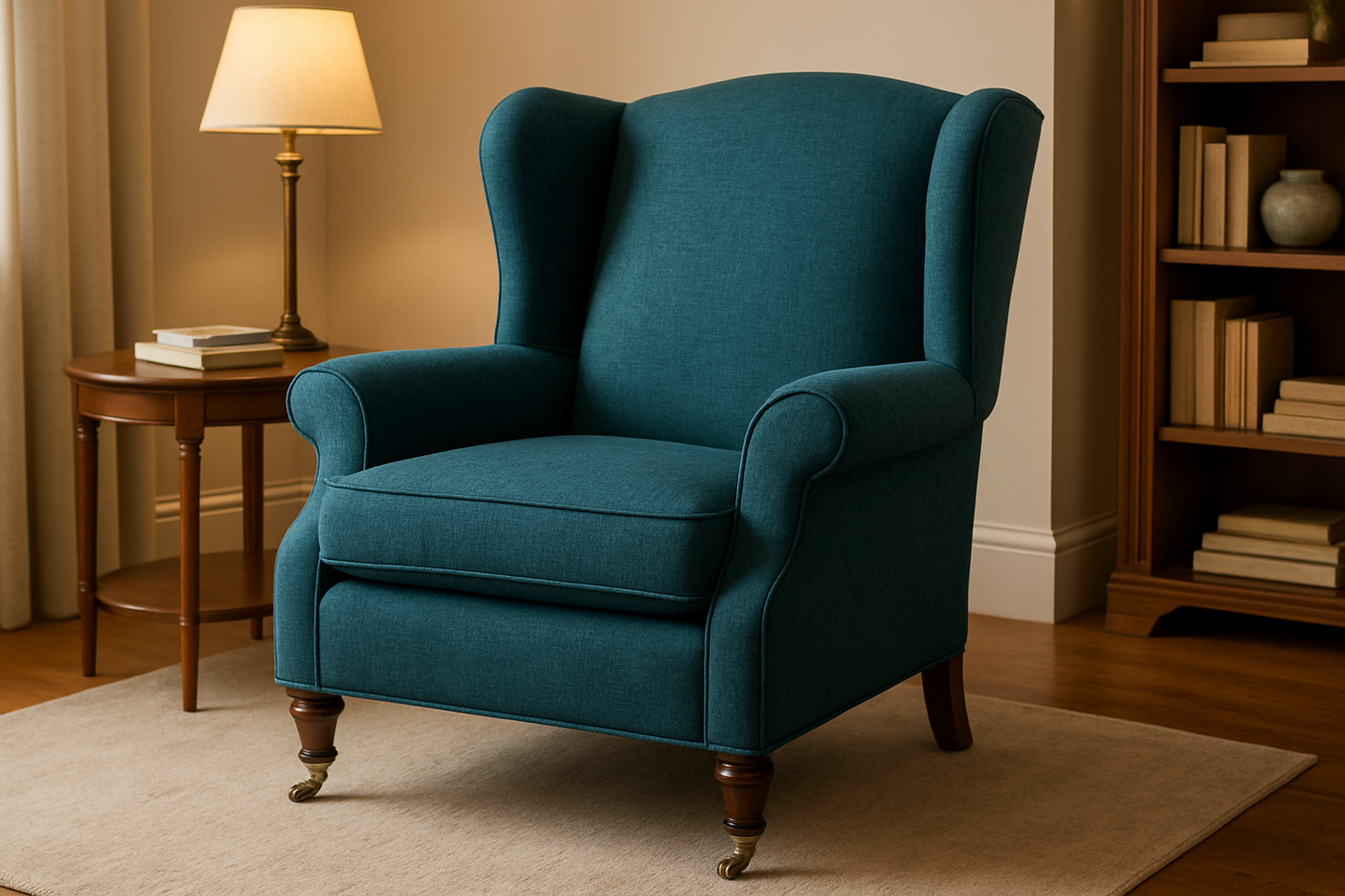 upholstery an armchair using Dion Teal fabric and place it in the living room