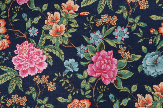 Garden Hot Pink Floral fabric in navy