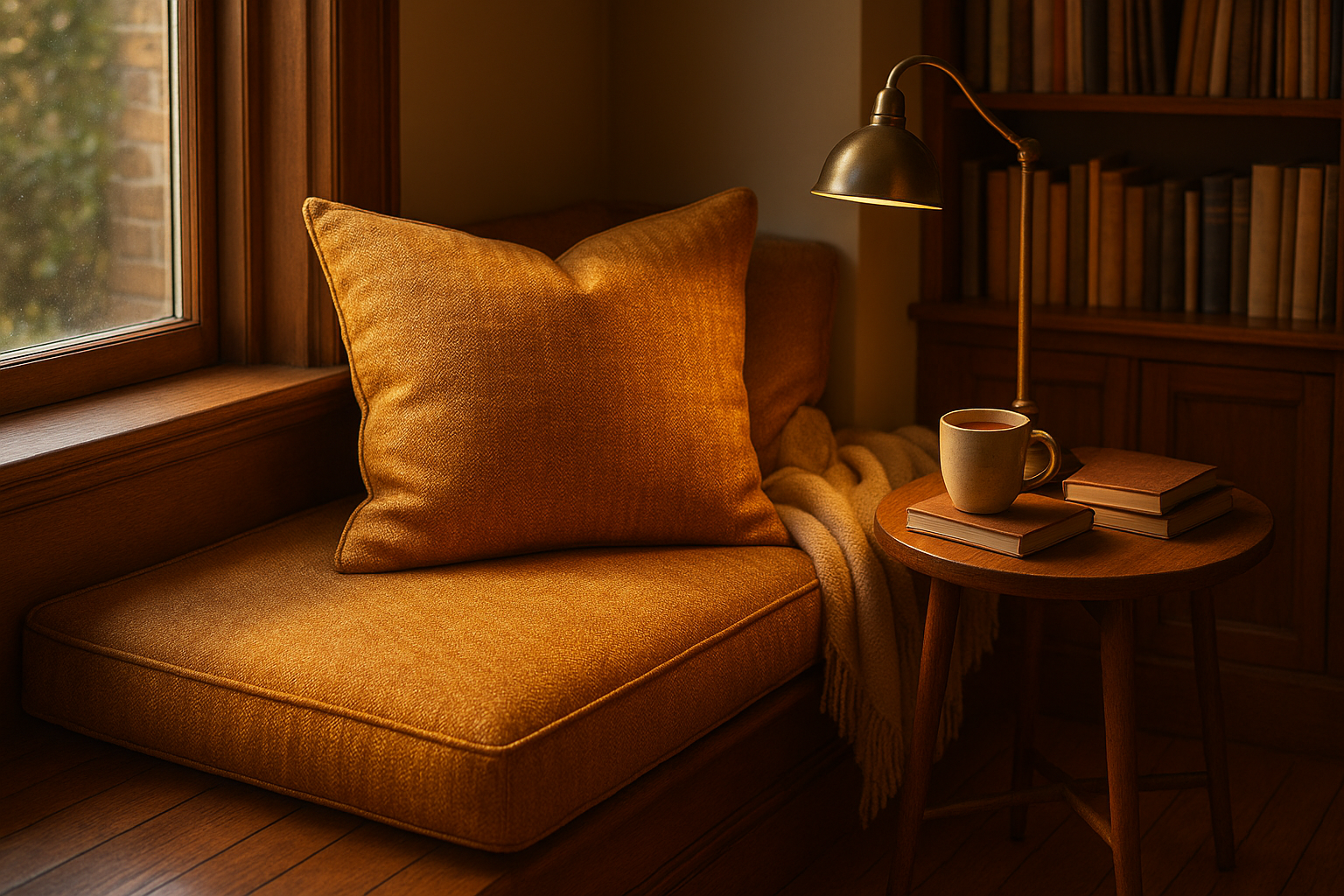 create a reading corner with a cozy cushion made out of Ronan Amber fabric