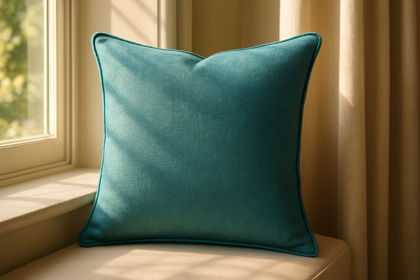 custom made cushion by the window using Optima Lagoon 