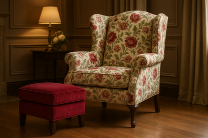 make the armchair floral fabric with rouge colors within the flowers 